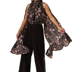 Floral Black Suit with Flare Open Sleeve and Pants